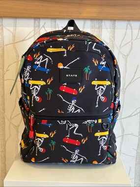 STATE Black Backpack with Multicolor Skate Skeleton Print